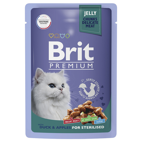 Влажный корм Brit Premium с уткой и яблоками кусочки в желе, для взр. стерилизованных кошек, 85 г.
