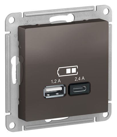 Розетка USB-зарядка двойная А+С 5В/2,4 А, 2х5В/1,2 А. Цвет Мокко. Schneider Electric(Шнайдер электрик). AtlasDesign Nature. ATN000639