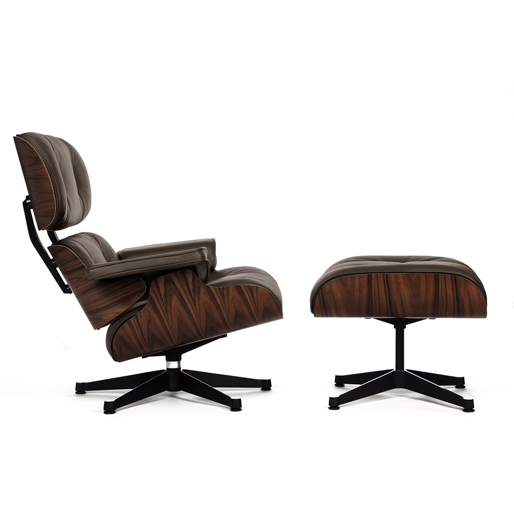 Кресло с оттоманкой Eames Lounge, темно-коричневая кожа, палисандр