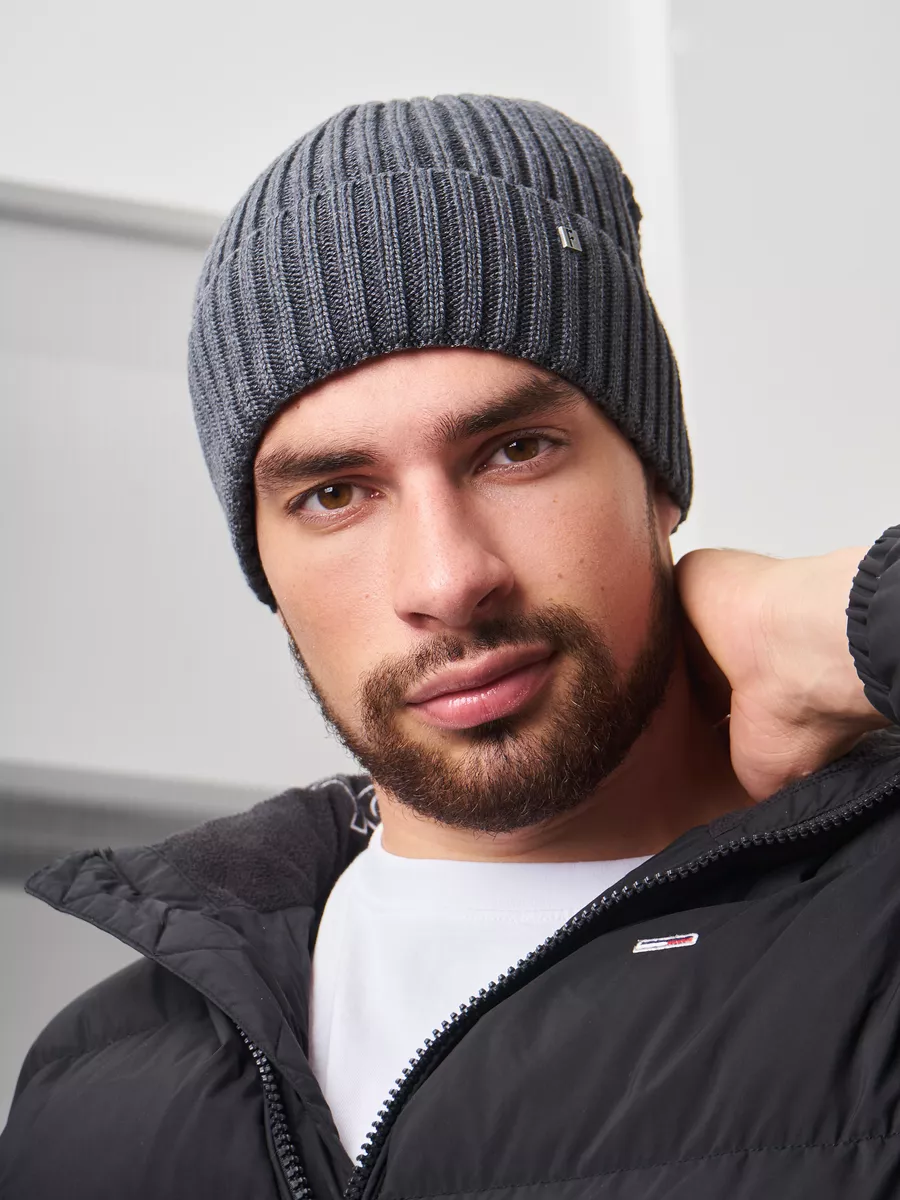 Шапка зимняя на флисе вязаная бини