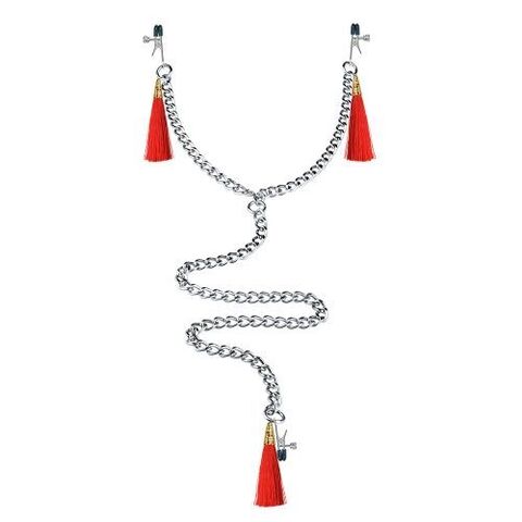 Зажимы на соски и клитор с игривыми красными кисточками Nipple Clit Tassel Clamp With Chain - Lovetoy LV761010