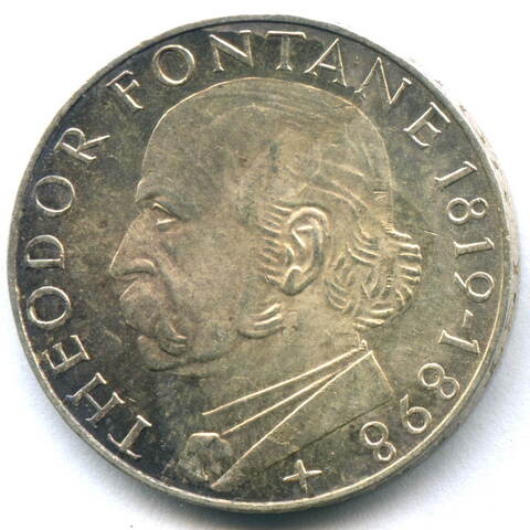 5 марок 1969 (G) Германия (150 лет со дня рождения Теодора Фонтане) AU серебро
