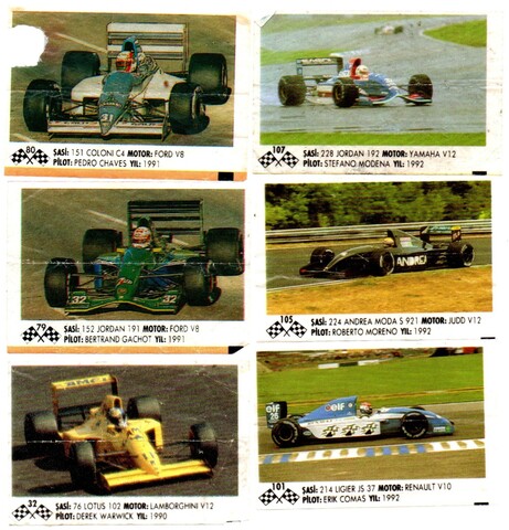 Вкладыш Формула 1 Formula 1 - 6 штук. От жевательной резинки. По номерам без повторов № 32, 79, 80, 101, 105, 107. На одном вкладыше надрыв. Состояние на фото