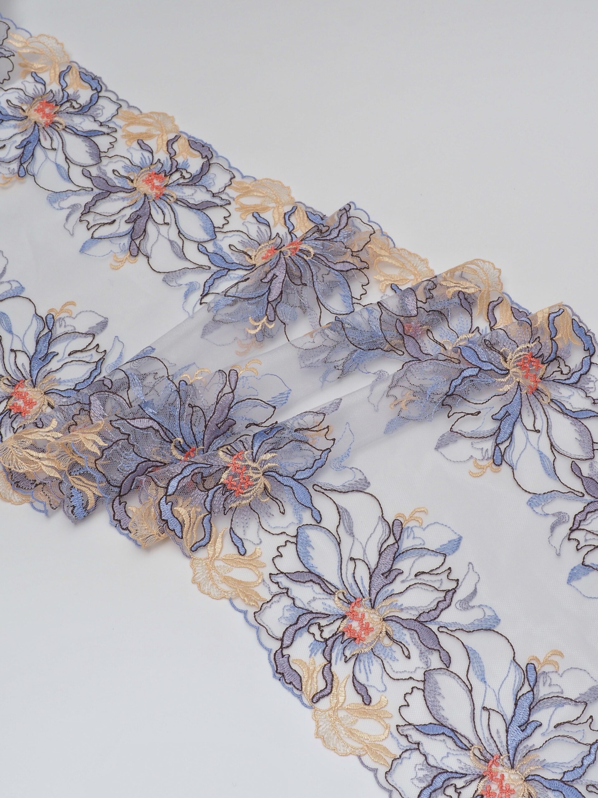 Кружево вышивка на сетке цвет мультиколор (исландский голубой, светло-желтый, оранжевый, шоколад) неэластичная ширина 27 см