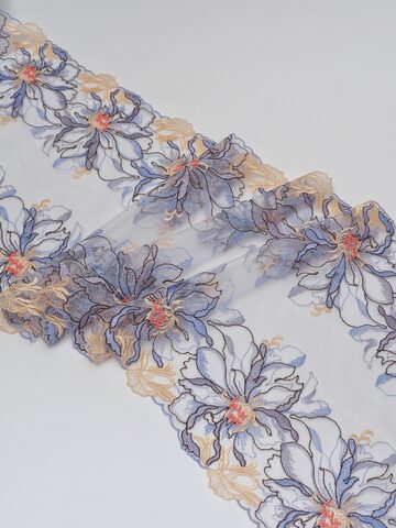 Кружево вышивка на сетке цвет мультиколор (исландский голубой, светло-желтый, оранжевый, шоколад) неэластичная ширина 27 см