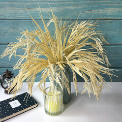 Колосья пшеницы, искусственная зелень, цвет натуральный, букет 43 см, набор 3 букета.