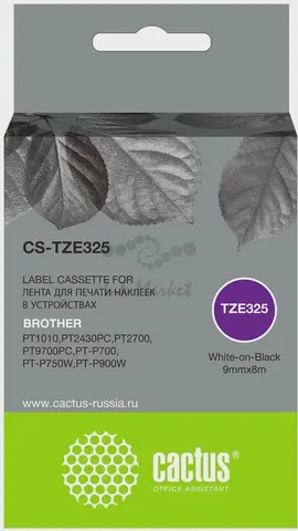Картридж ленточный Cactus CS-TZE325 TZE-325 белый на черном 9x8 для Brother 1010/1280/1280VP/2700VP