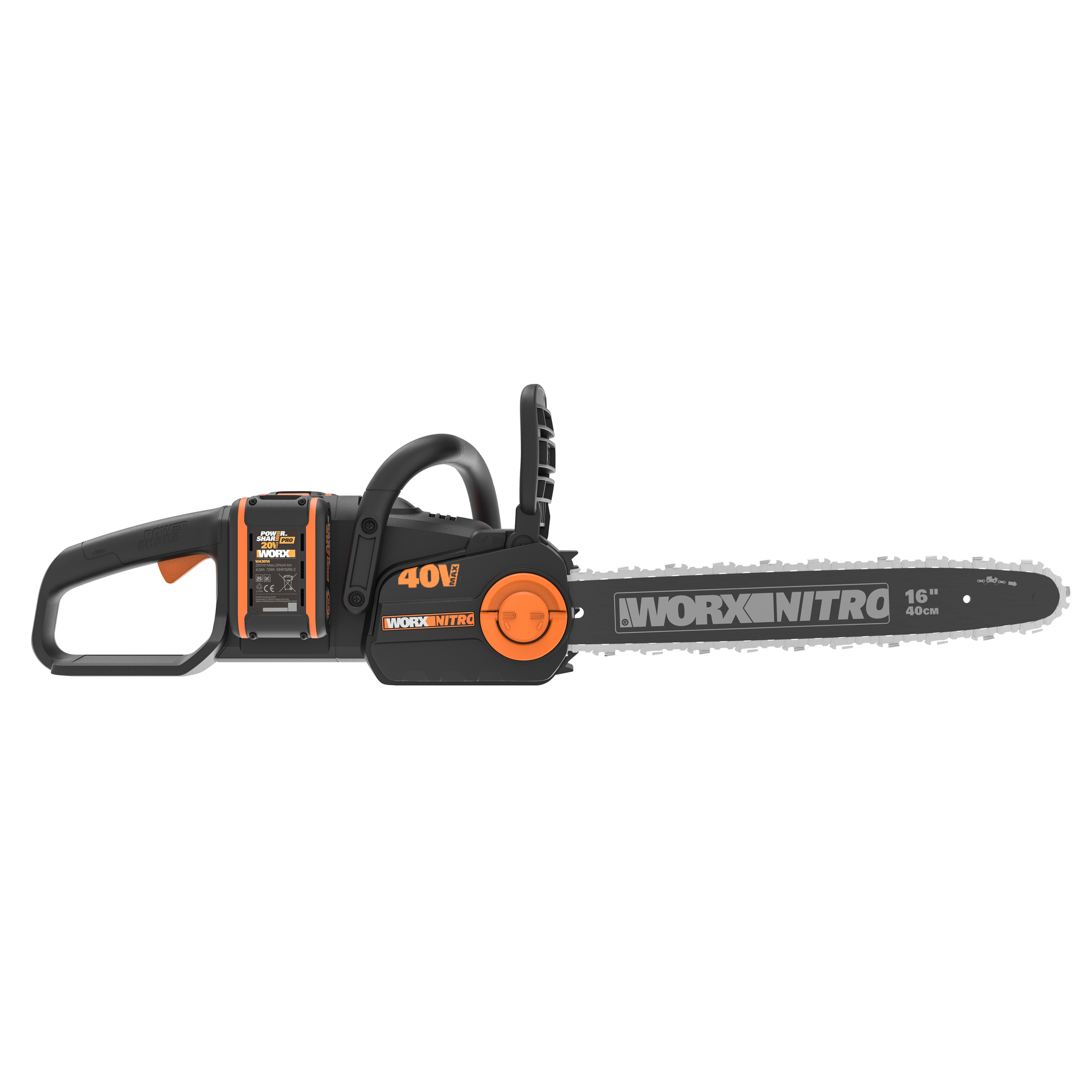 Цепная пила аккумуляторная WORX NITRO 40В 40cm бесщеточная, 4.0Ач х2, ЗУ 2Ах2, коробка