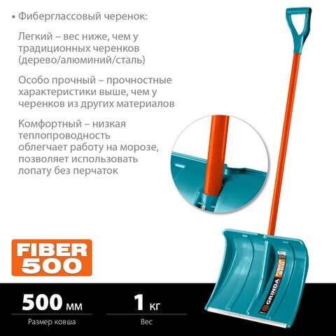 GRINDA FIBER-500 500 мм, пластиковая, с алюминиевой планкой, особопрочный легкий черенок из фибергласса, V-ручка, Снеговая лопата, PROLine (39940)