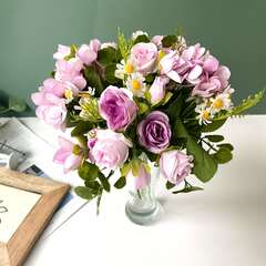Розы искусственные мини с гортензией и ромашками Фиолетово-сиреневые светлые, букет 5 веток, 29 см, букет 1 шт.
