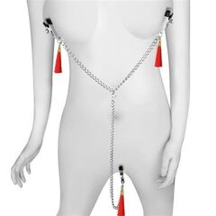 Зажимы на соски и клитор с игривыми красными кисточками Nipple Clit Tassel Clamp With Chain - 