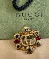 Брошь винтажная с цветными камнями в форме логотипа GUCCI
