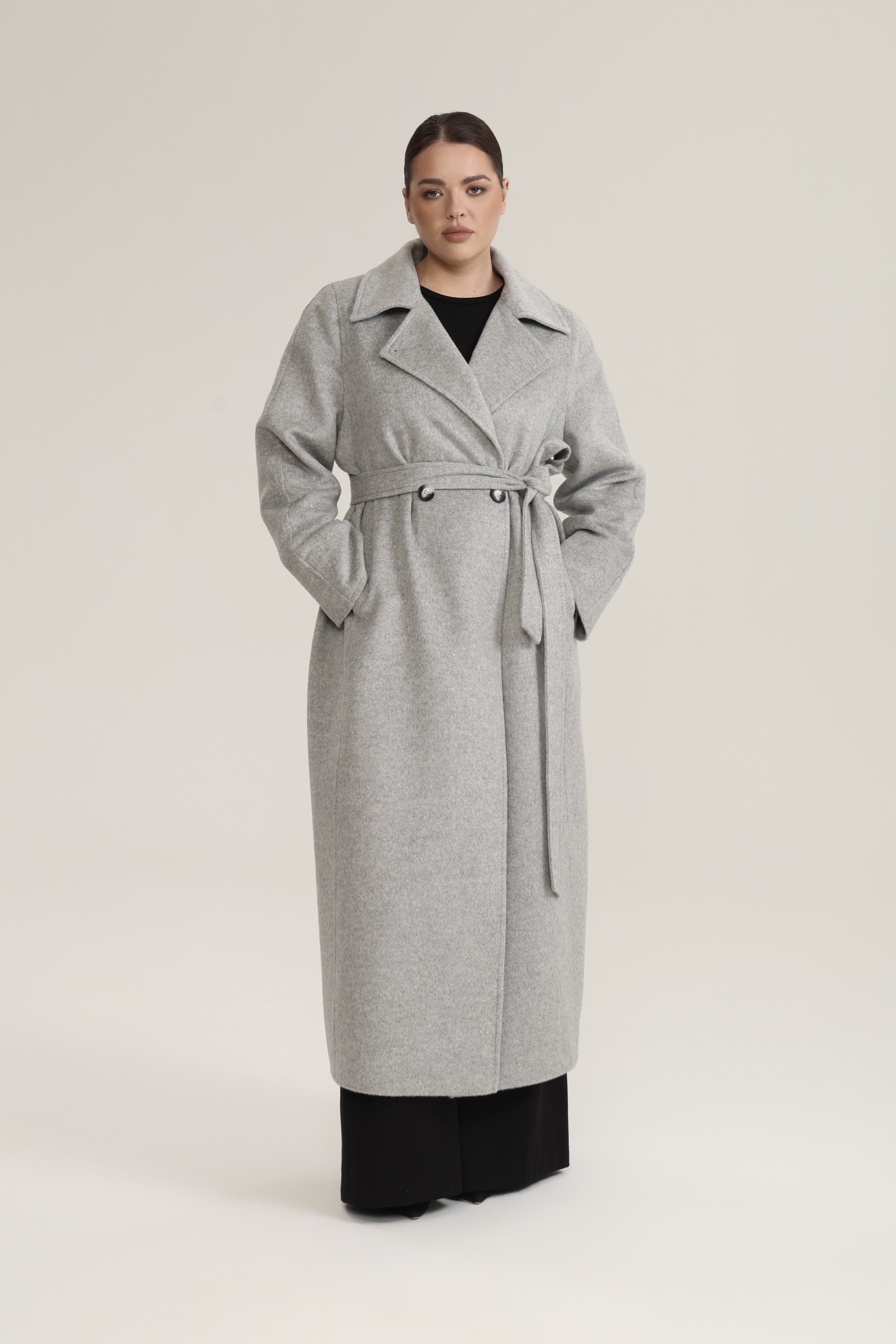 Пальто двубортное с отстрочкой, светло-серый