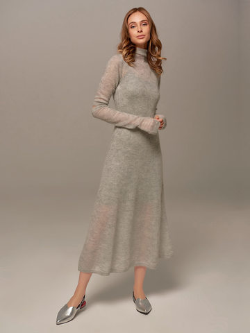 Женское светло-серое платье миди с длинным рукавом - фото 4