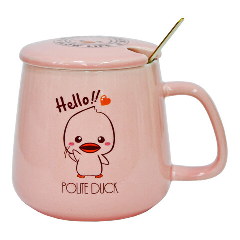 Керамическая кружка с крышкой и ложкой, 9.8x8 см, розовый, 410 мл