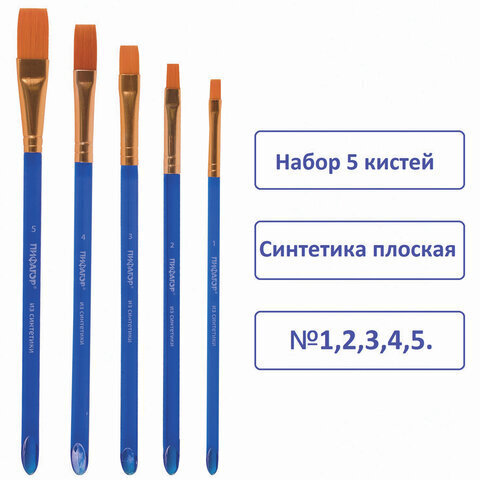 Кисти ПИФАГОР, набор 5шт, синтетика плоская №1,2,3,4,5 пакет с европодвесом
