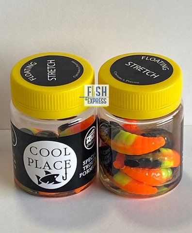 Форелевая силиконовая приманка COOL PLACE MAGGOT FLOATING STRETCH цвет ЧЁРНЫЙ-ЖЁЛТЫЙ-ОРАНЖЕВЫЙ 40 мм/ 10 шт в банке.