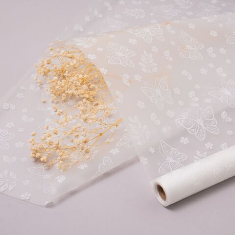 Упаковочная пленка/для цветов, Матовая, Бабочки, Белая, 55 мкм, 0,57*10 м