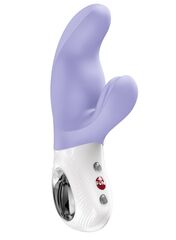 Сиреневый вибратор с клиторальным стимулятором Miss Bi - 17 см.