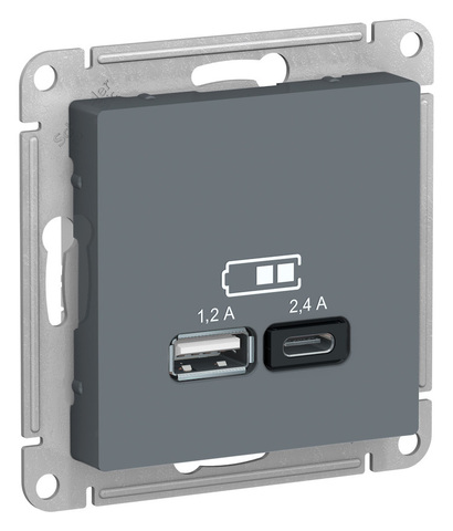Розетка USB-зарядка двойная А+С 5В/2,4 А, 2х5В/1,2 А. Цвет Грифель. Schneider Electric(Шнайдер электрик). AtlasDesign Nature. ATN000739