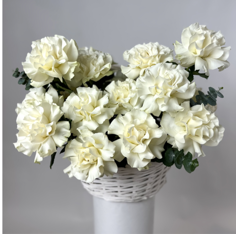 Букет из 25 белых французских роз в корзине