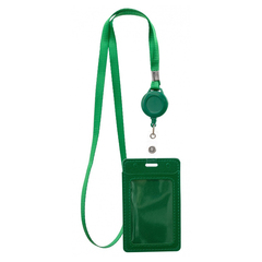 Бейдж на шнурке с рулеткой (ретрактором) Basir вертикальный, кожзам, 105*65 мм, зелёный