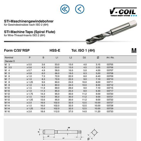 Метчик STI М 6,0х1,0 (Машинный, винт.) HSSE С/2-3P 60° 4h 72мм a=6,4 Volkel 03709