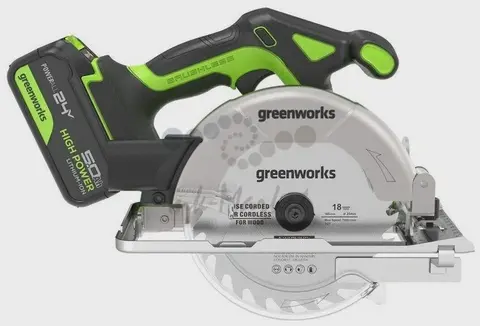Дисковая пила аккумуляторный Greenworks GD24CS165, 24V,б/щет, 165х20 мм, 4800 об/мин, рез 57 мм, 1х5Ач, ЗУ, кор (1501607CUG)