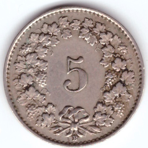 5 раппенов 1925 год. Швейцария. Медно-никель VF-XF