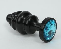 Черная фигурная анальная пробка с голубым кристаллом - 8,2 см. - 