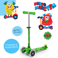 Самокат Mini Micro Deluxe Зеленый LED со стикерами Монстрики 15 шт