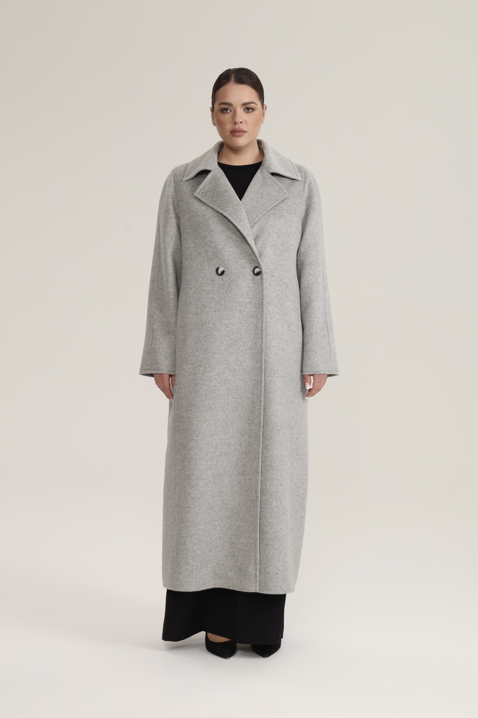 Пальто двубортное с отстрочкой, светло-серый