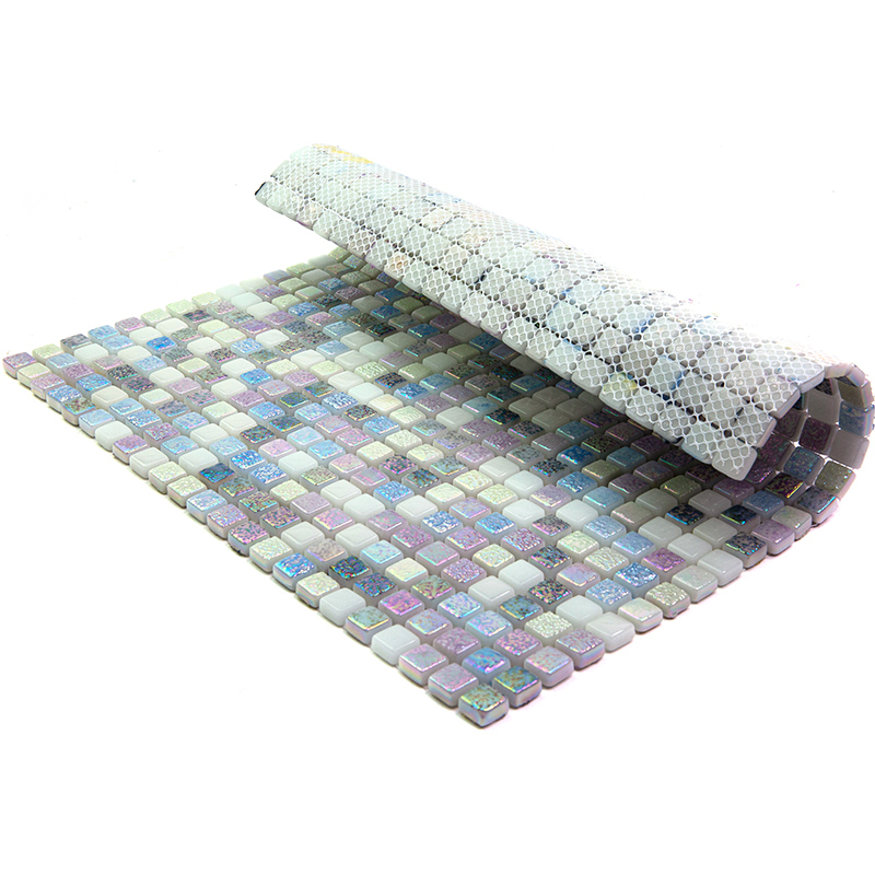 TC-14 Мозаичная плитка из стекла Natural Flex белый голубой светлый квадрат глянцевый
