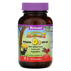 Bluebonnet Nutrition, Rainforest Animalz, витамин D3 с натуральным ягодным вкусом, 400 МЕ, 90 жевательных таблеток