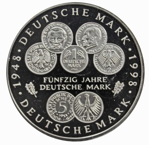 10 марок. 50 лет Немецкой марке (G). Серебро. 1998 г. PROOF. В родной запайке