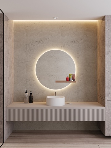 Круглое зеркало с полкой и подсветкой для ванной комнаты