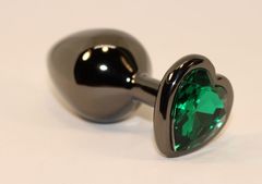 Черная коническая анальная пробка с зеленым кристаллом-сердечком - 8 см. - 