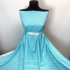 Ткань шелк бирюзовый в коричневый горошек 1173