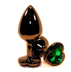Черная коническая анальная пробка с зеленым кристаллом-сердечком - 8 см. - 