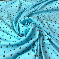 Ткань шелк бирюзовый в коричневый горошек 1173