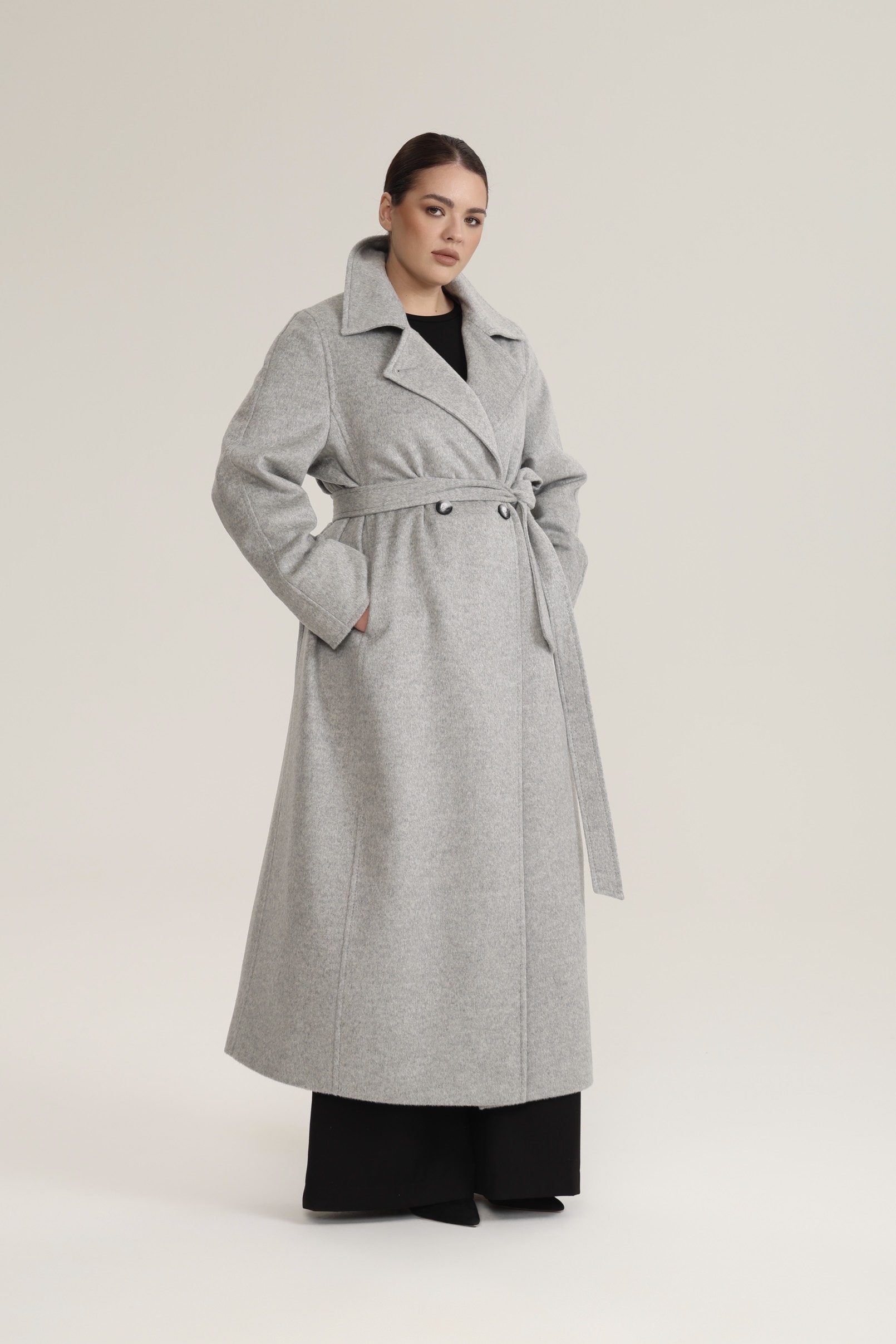 Пальто двубортное с отстрочкой, светло-серый