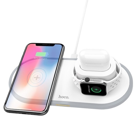 БЗУ (3 в 1) для смартфонов, iWatch и AirPods 2 с быстрой зарядкой 10W Hoco CW21 для телефонов, умных часов, наушников беспроводное зарядное устройство (Белый)