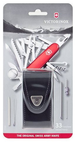 Набор Victorinox - нож SwissChamp красного цвета с чёрным чехлом из натуральной кожи. Упаковка - блистер (1.6795.LB1) - Wenger-Victorinox.Ru