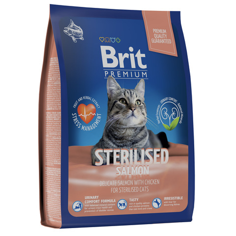 Сухой корм Brit Premium Cat Sterilized с лососем и курицей, для взр. стерилизованных кошек, 400 г.