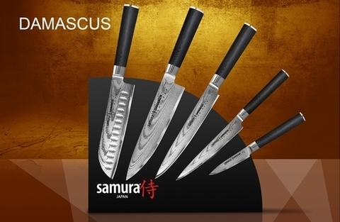 SKD-006/G-10Набор из 5 кухонных стальных ножей и магнитной подставки Samura Damascus