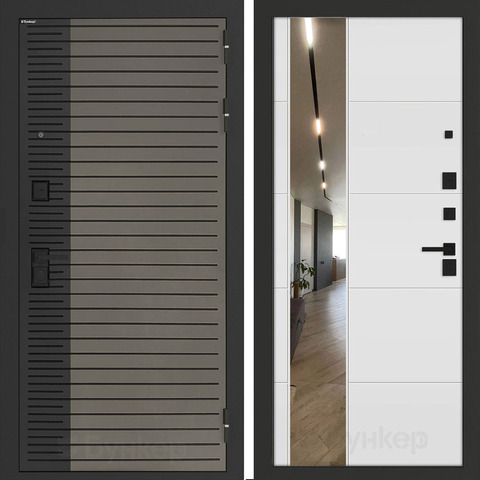 Входная металлическая дверь с зеркалом Бункер HIT Хит B-15 Веллюто кофе / зеркало ФЛЗ - 649 Белый софт