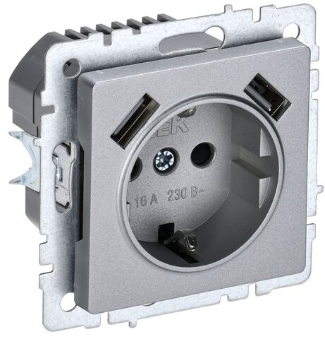 BRITE Роз. с з/к/ш 16А с USB A+A 3,1А РЮш10-2-БрА алюм. IEK