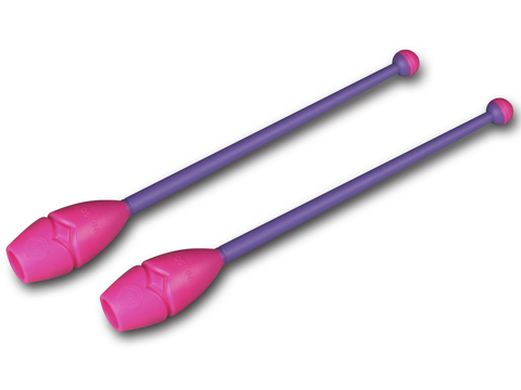 Булавы для художественной гимнастики с резиновыми наконечниками (вставляющиеся). Длина 41 см. Вес одной булавы 153  г. Цвет: фиолетовый/розовый наконечник. Материал: полипропилен.