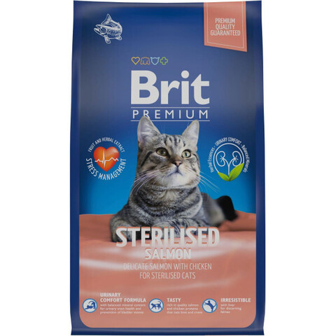 Brit Premium Cat Sterilized Salmon сухой корм для взрослых стерилиз кошек (лосось,курица) 800 гр