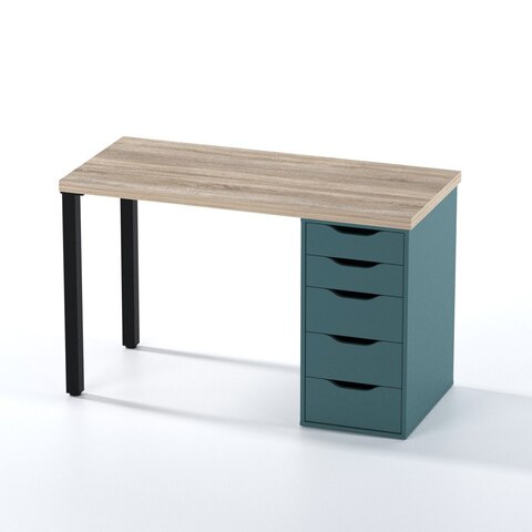 Стол письменный Ингар 1/5Т, 120*75*55 см, дуб беленый/серо-бирюзовый/черный